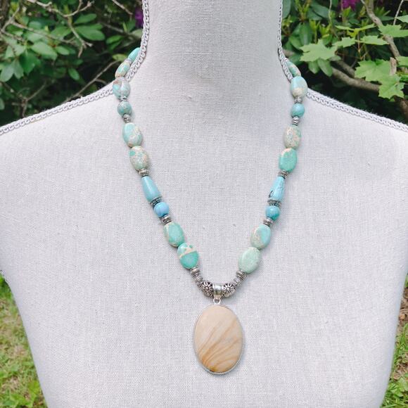 Artisan Necklace Jasper Turquoise Beads Boho Southwestern Style - Picture 4 of 16